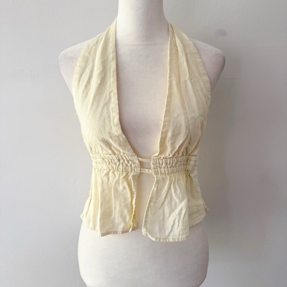 Glassons Halter Top Women 8 Yellow Linen Blend Peplum Open Back Summer Coastal